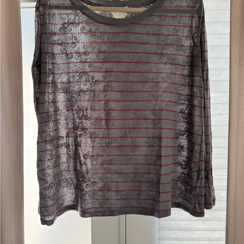 We The Free Gray and Red Striped Long Sleeve Top